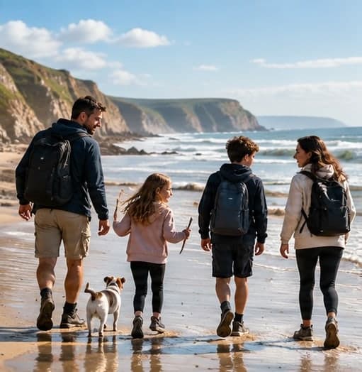 The family walking along a beach with their dog