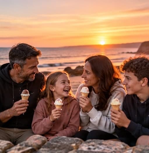 The family eating ice creams on the rocks at sunset